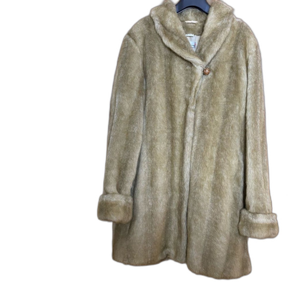 Vintage HELENA VERA Coat Faux Fur V-Neck Pockets European Women M 38 Brown Beige - Picture 2 of 15